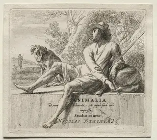 Animalia: Frontispiece, Shepherd and Dog, by Nicolaes Pieterszoon Berchem, 1659