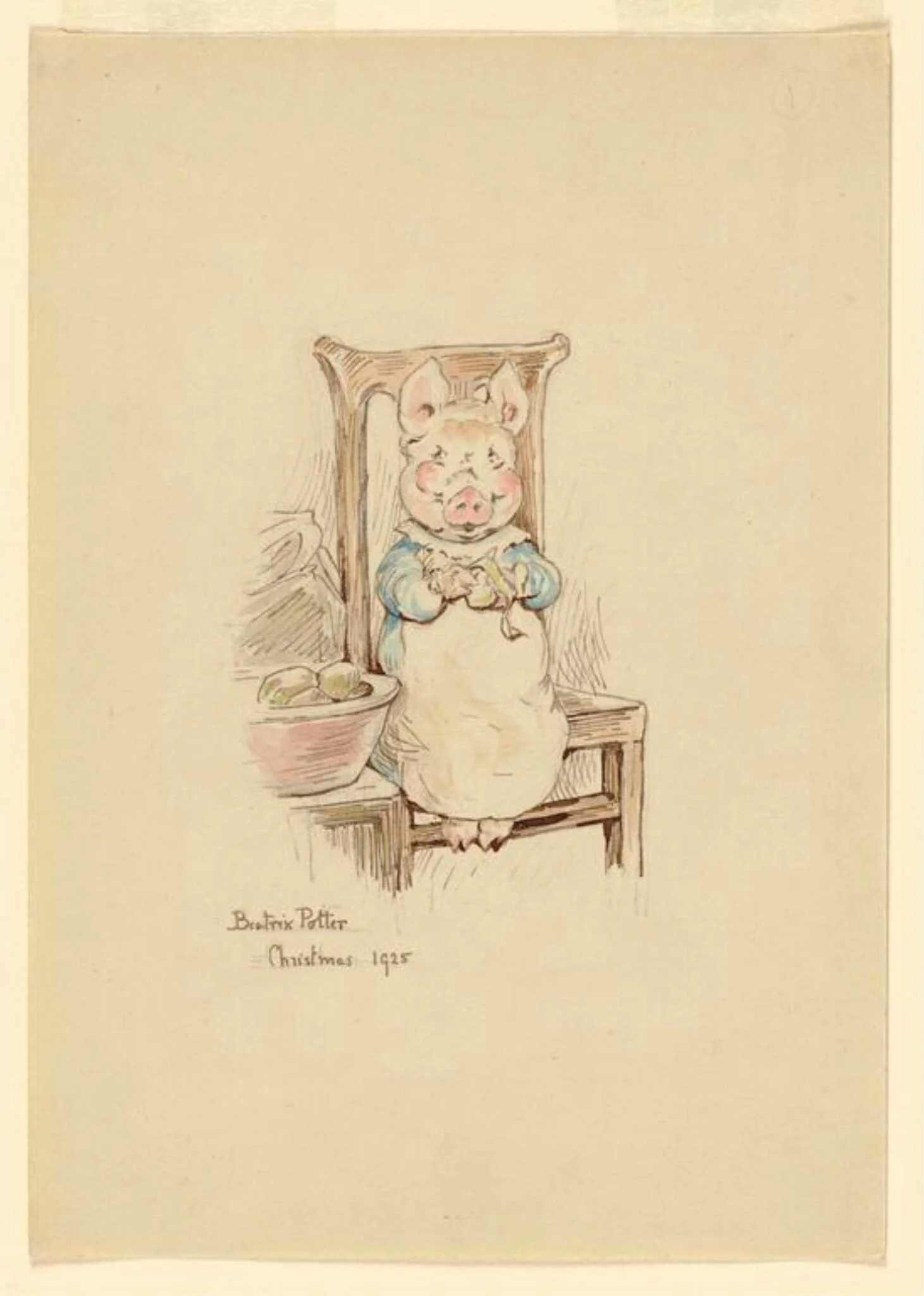 Design for a Christmas card: little pig sitting in a chair, detail