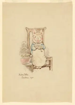 Design for a Christmas card: little pig sitting in a chair, by Beatrix Potter, watercolor, 1925