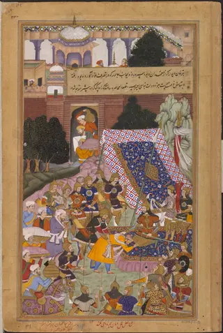 Tarkhan Divana and Husain Quli Khan, by La'l, paint, 1592