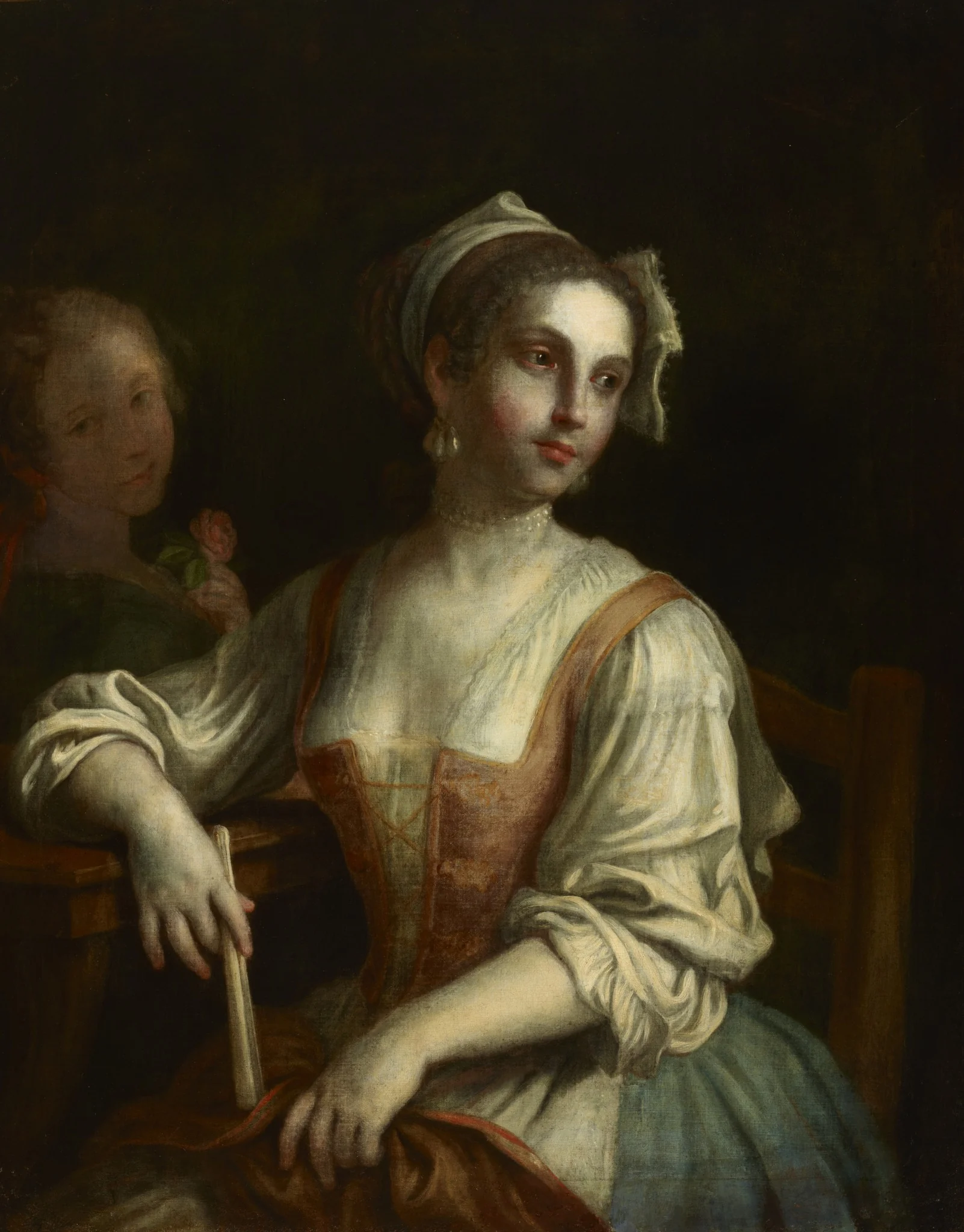 Woman with a Fan and a Woman with a Rose, detail