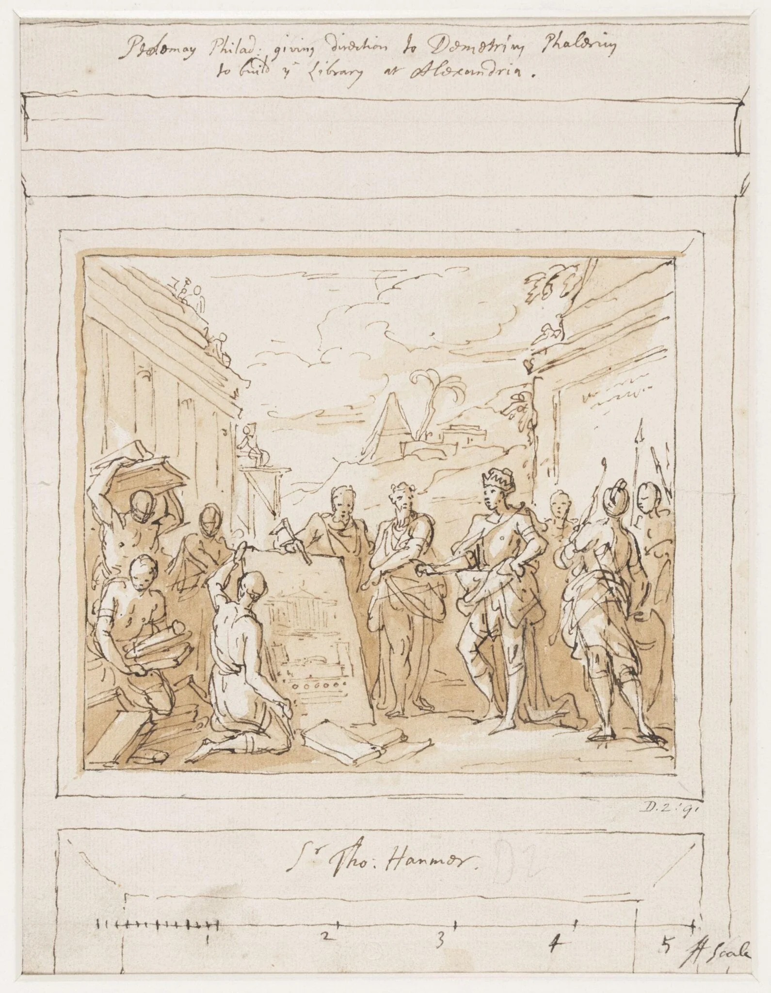 Design for a painting within an architectural setting depicting Ptolemy I commissioning the Library at Alexandria, detail
