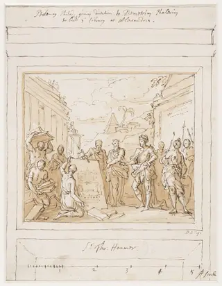 Design for a painting within an architectural setting depicting Ptolemy I commissioning the Library at Alexandria, by James Thornhill