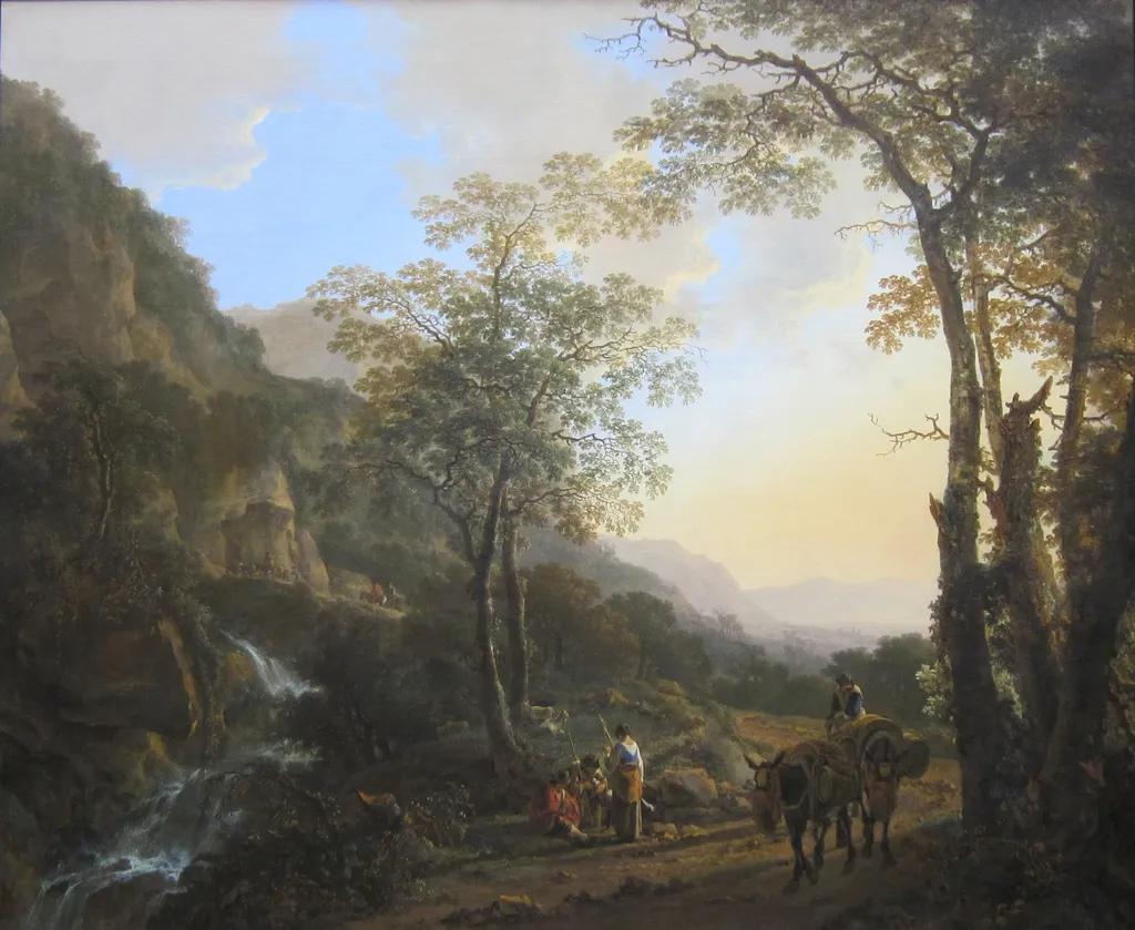 An Italianate Landscape with Travelers on a Path, by Jan Both, oil, 1645