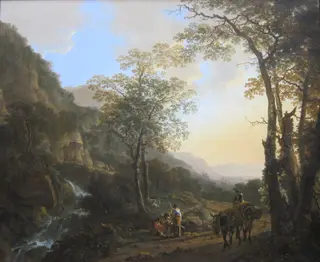 An Italianate Landscape with Travelers on a Path, by Jan Both, oil, 1645