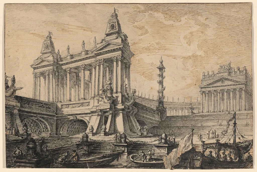 Architectural Fantasy of a Magnificent Ancient Port, by Pierre Moreau, ink, 1750
