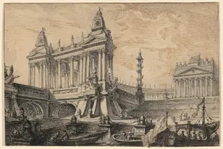 Architectural Fantasy of a Magnificent Ancient Port, by Pierre Moreau, ink, 1750