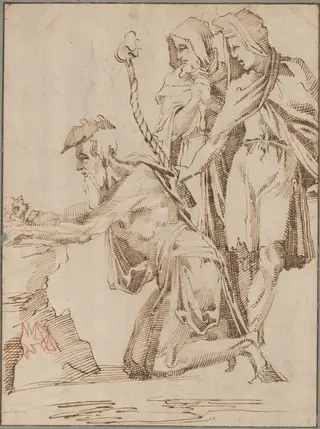 Kneeling Hermit and Two Draped Figures Contemplating a Skull, by Giovanni Bandini, ink, 1574