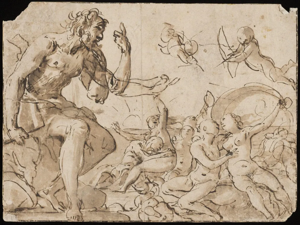 Sea-nymphs playing with tritons and a man; on the left a semi-draped giant, holding a book or stone, seated on a rock; possibly Polyphemus with Acis and Galatea, by Giovanni Baglione