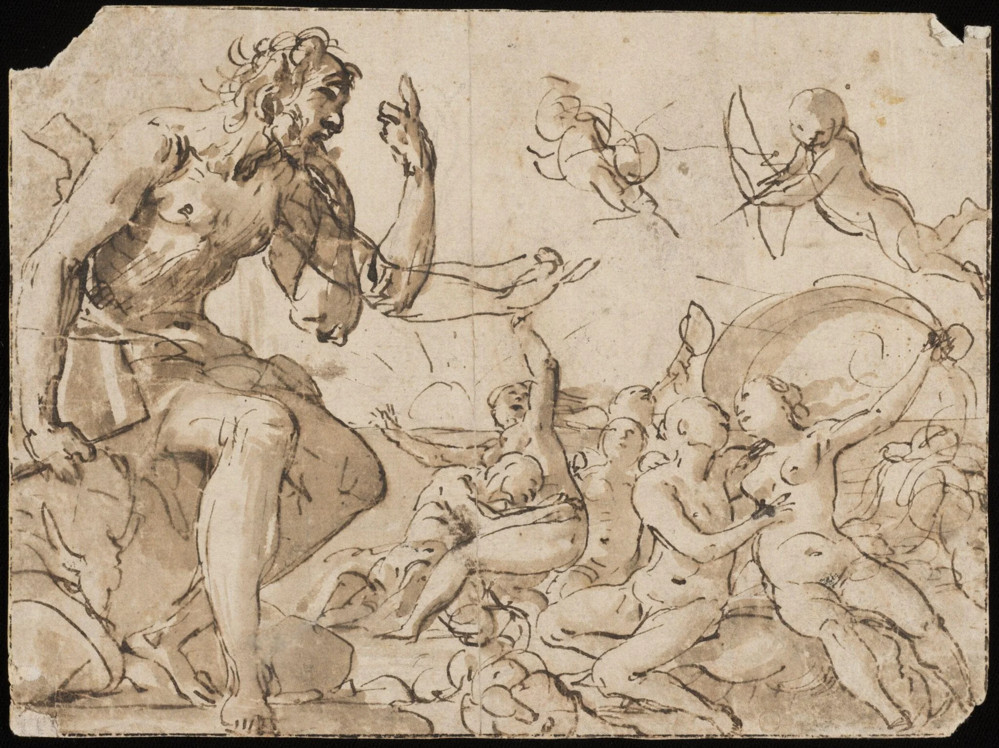 Sea-nymphs playing with tritons and a man; on the left a semi-draped giant, holding a book or stone, seated on a rock; possibly Polyphemus with Acis and Galatea, detail