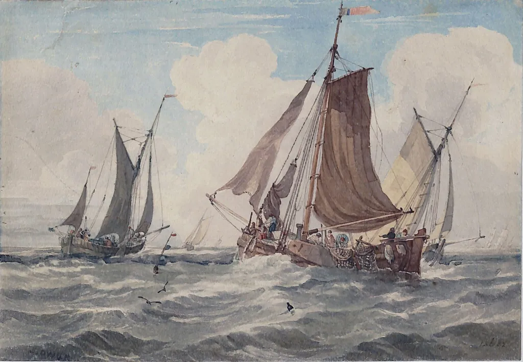 Sea piece with fishing boats, by Samuel Owen, watercolor, 1790