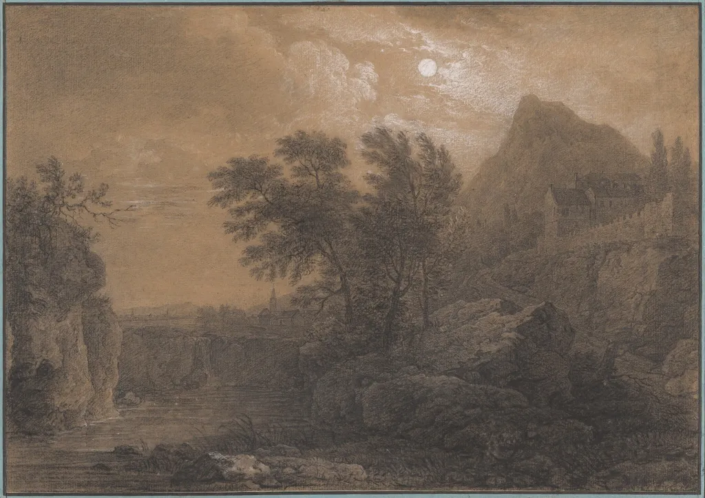 Moonlit Landscape with a River and Castle, by Simon Mathurin Lantara, chalk, 1774