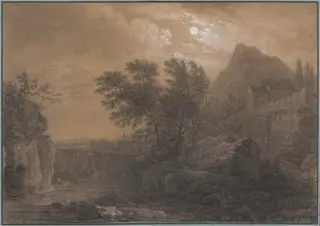 Moonlit Landscape with a River and Castle, by Simon Mathurin Lantara, chalk, 1774