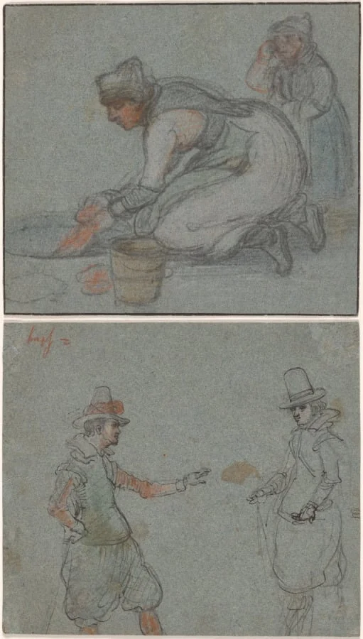 A Woman Doing Laundry in an Ice Hole (recto); Two Gentlemen (verso), detail