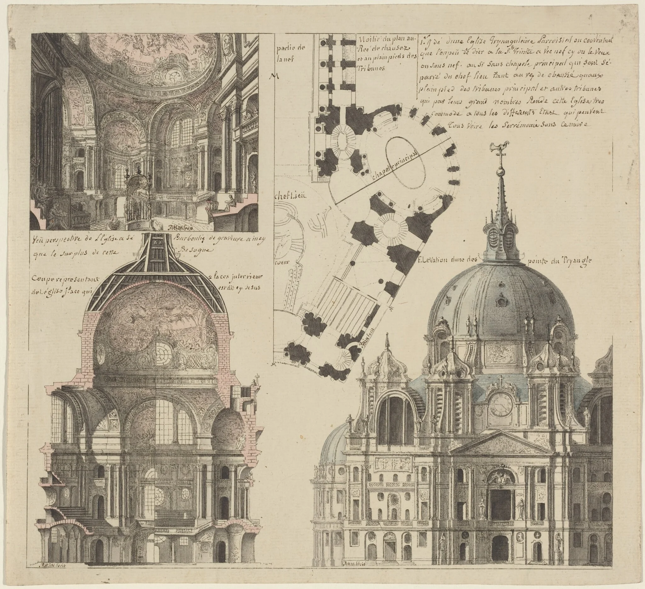 Three Views and a Plan of a Triangular Parish Church, detail