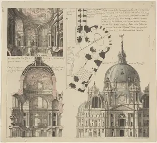Three Views and a Plan of a Triangular Parish Church, by Pierre Varin, ink, 1750