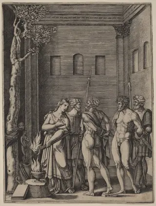 Iphigenia Recognizing Her Brother, by Agostino dei Musi, ink, 1513