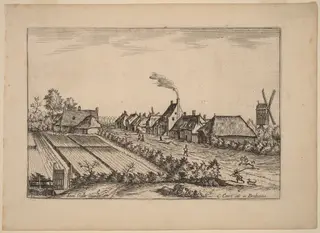 Fields and a Village Road with Post Mill, by Lucas van Doetechum, ink