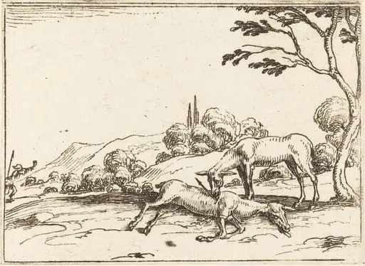 Doe Mourning her Foal, by Jacques Callot, ink, 1628