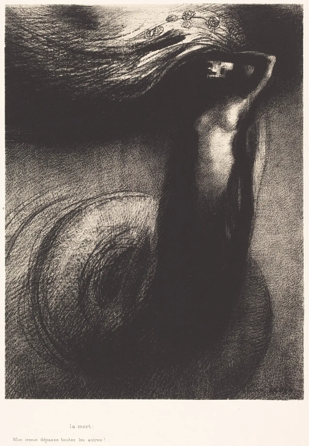 La Mort: Mon ironie depasse toutes les autres! (Death: My iron surpasses all others!), by Odilon Redon, ink, 1889