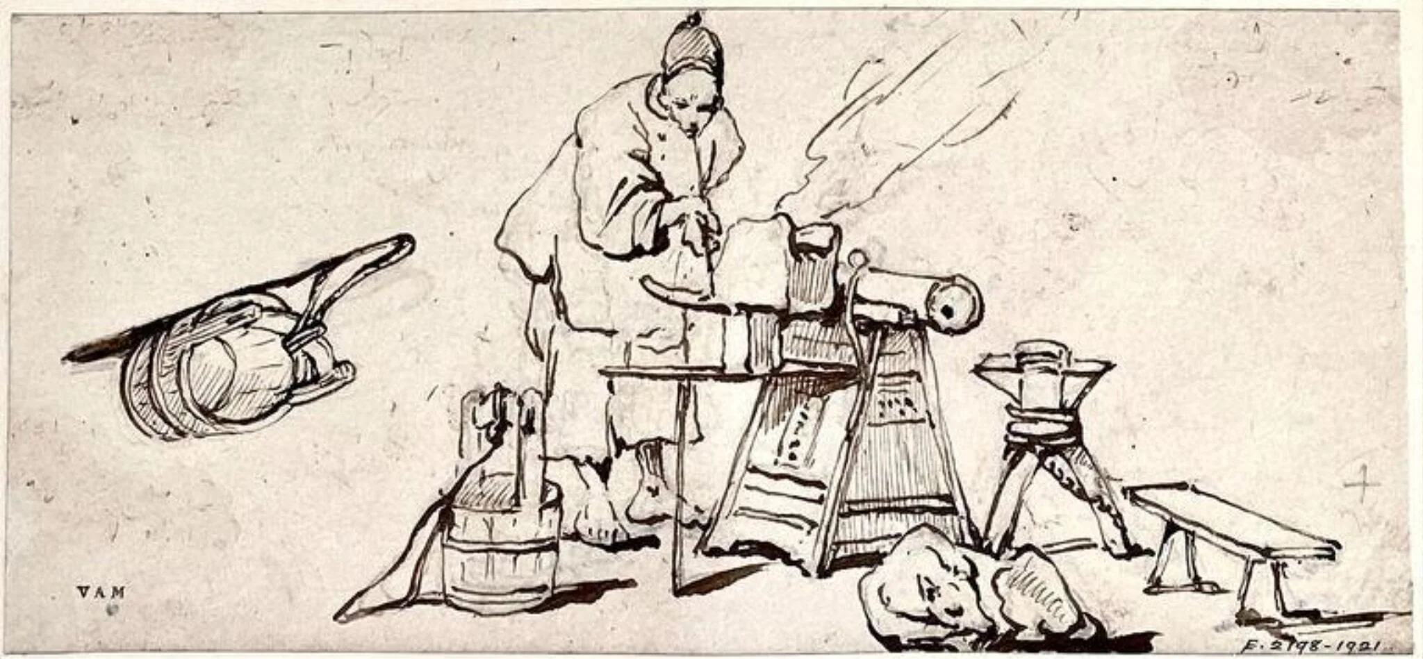 A blacksmith with his eqipment and a sleeping dog, detail