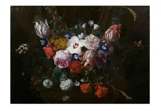 Flowers beneath a Cartouche, by Nicolas van Veerendael, oil, 1676