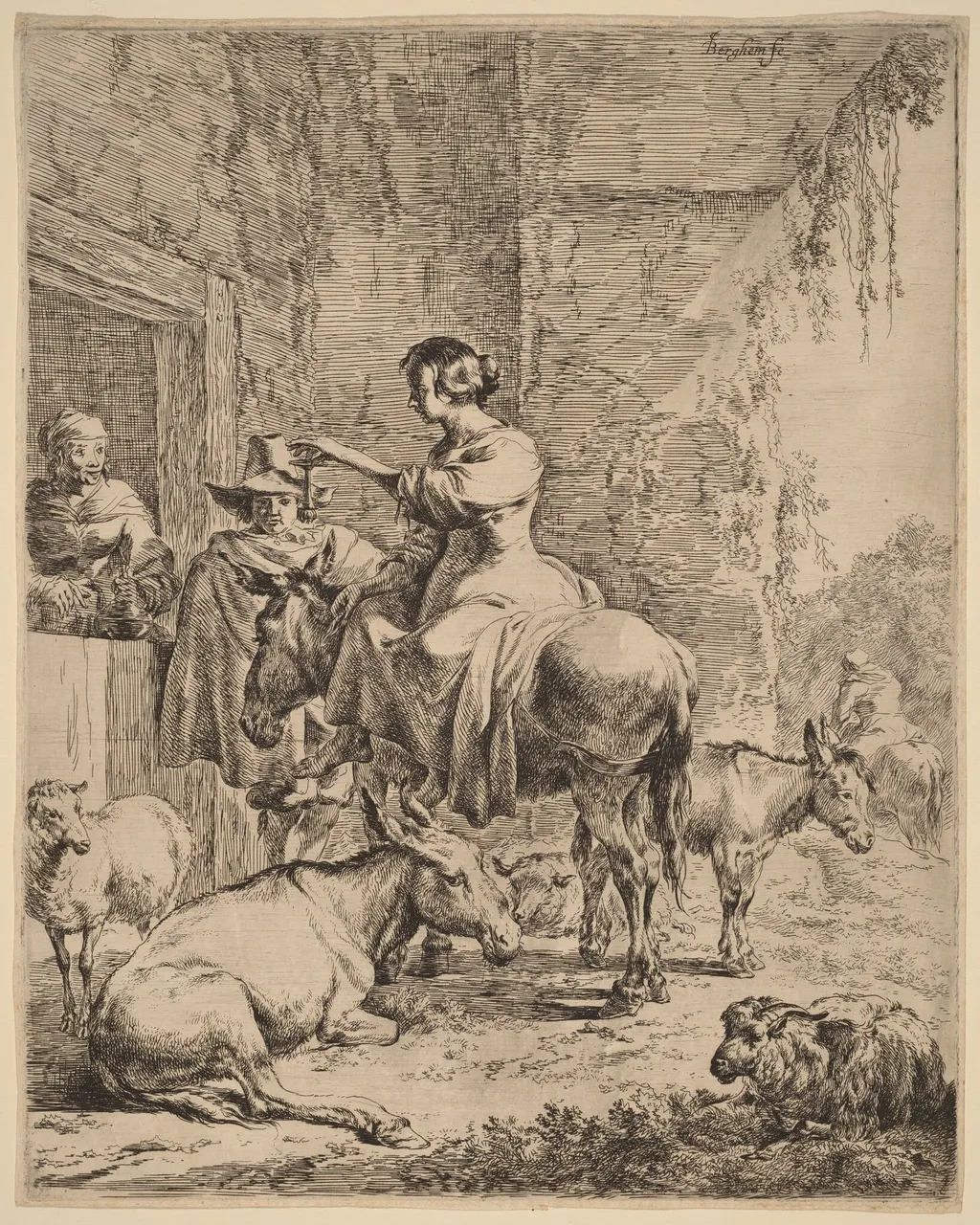 The Rest before the Inn, by Nicolaes Pieterszoon Berchem, ink, 1652