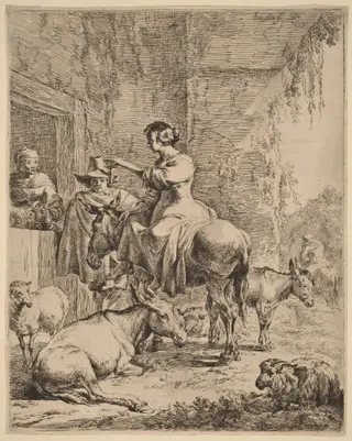 The Rest before the Inn, by Nicolaes Pieterszoon Berchem, ink, 1652