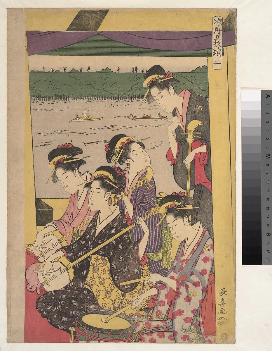 Suzumibune gomai-e; Ni|A Party of Geisha in a Suzumi-bune, i.e. "cooling-off boat." (Second Scene of a Boating Party), detail