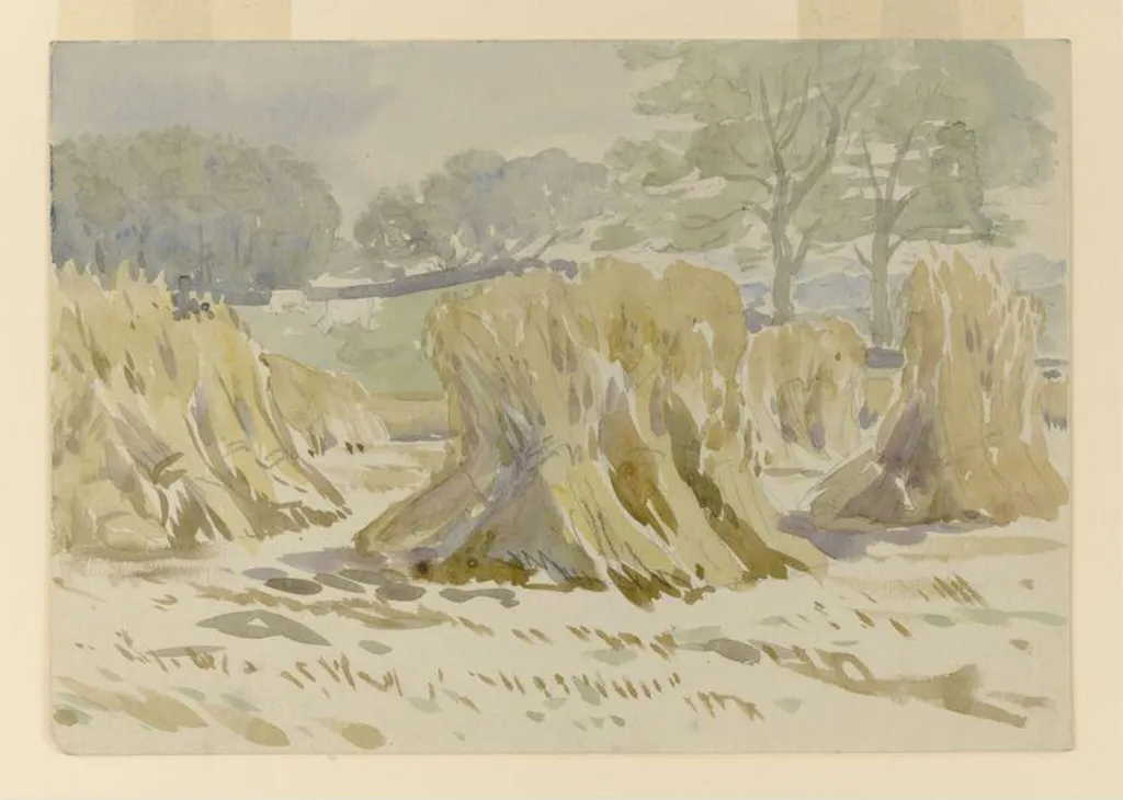 Sheaves of corn, with trees in the distance, by Beatrix Potter, watercolor