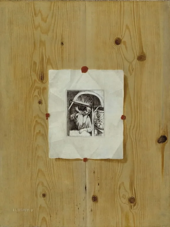 Trompe l'Oeil. Board with an Etching of a Baker Sounding his Horn, detail