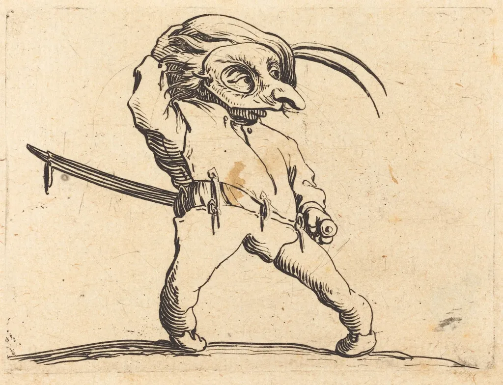 Masked Man with Twisted Feet, by Jacques Callot, ink, 1622
