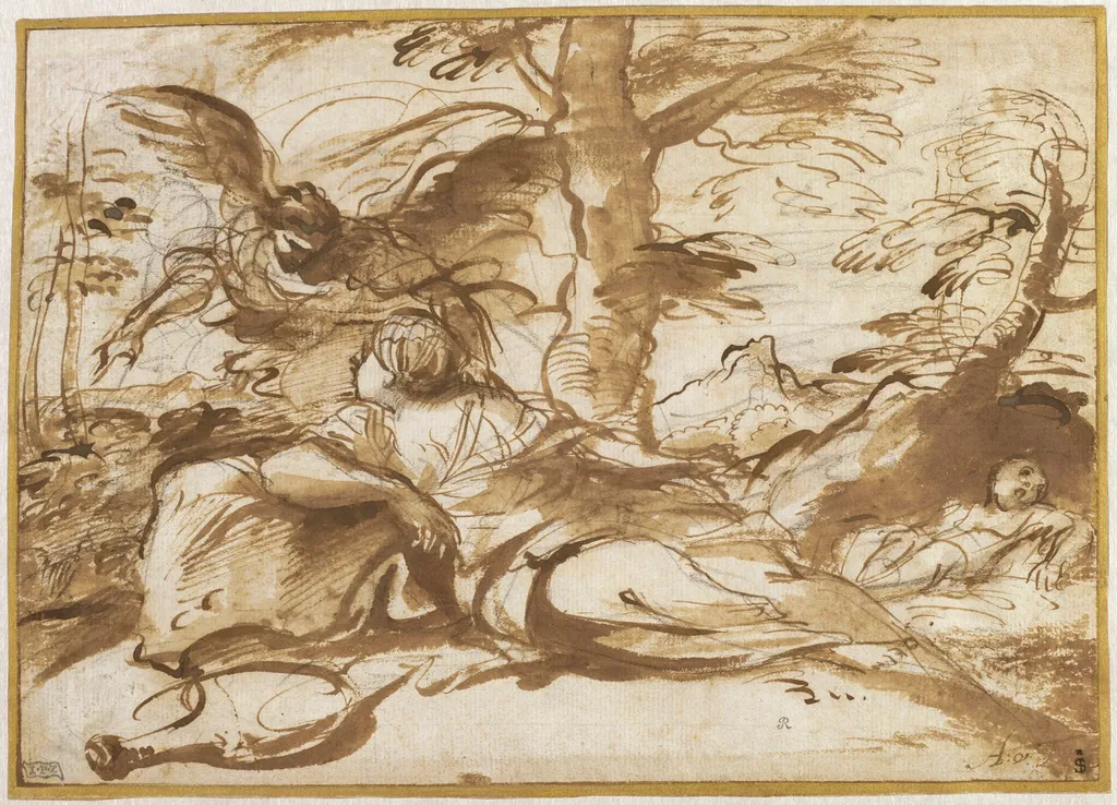 The Angel Appearing to Hagar in the Desert (recto), by Pier Francesco Mola, ink, 1660