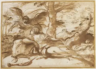 The Angel Appearing to Hagar in the Desert (recto), by Pier Francesco Mola, ink, 1660