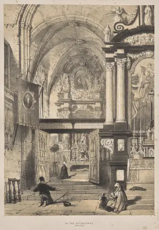 Architecture of the Middle Ages:  In the Cathedral, Bruges, by Joseph Nash, 1838