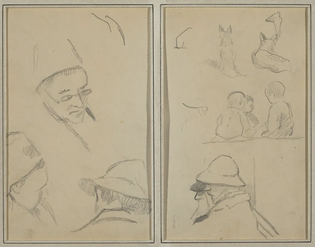 Three Studies of Men's Heads, One with Spectacles; Dogs, Children, and Two Bearded Men in Profile [verso], by Paul Gauguin, graphite, 1886