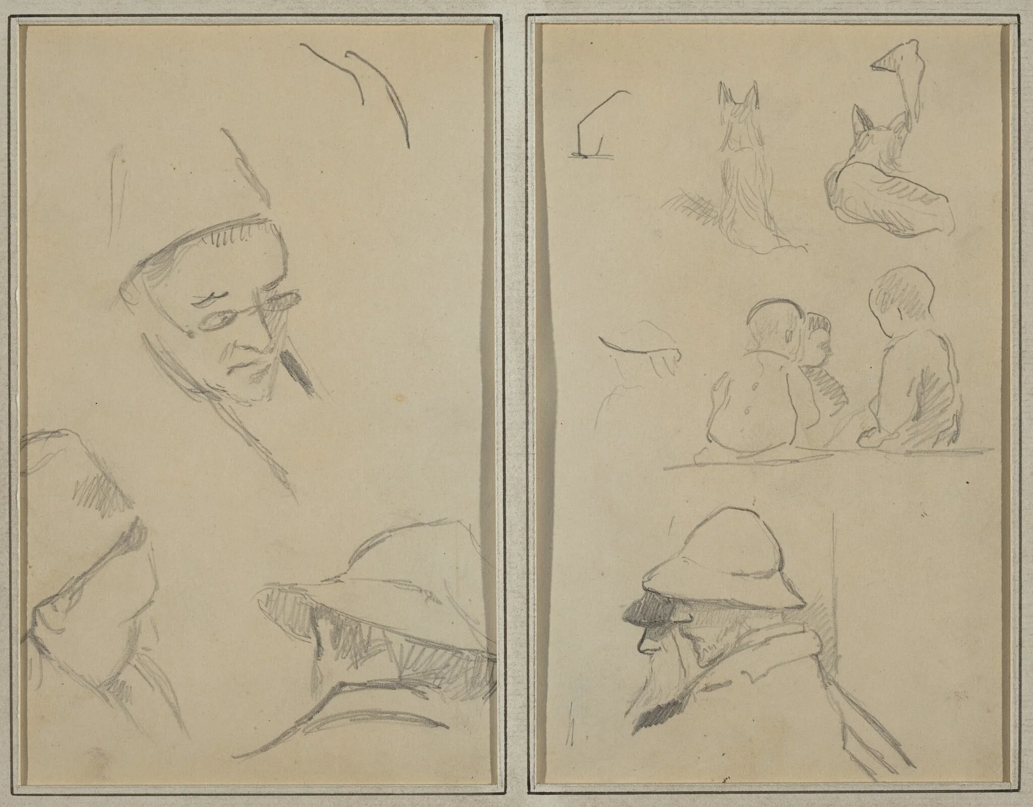 Three Studies of Men's Heads, One with Spectacles; Dogs, Children, and Two Bearded Men in Profile [verso], detail