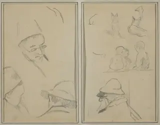Three Studies of Men's Heads, One with Spectacles; Dogs, Children, and Two Bearded Men in Profile [verso], by Paul Gauguin, graphite, 1886