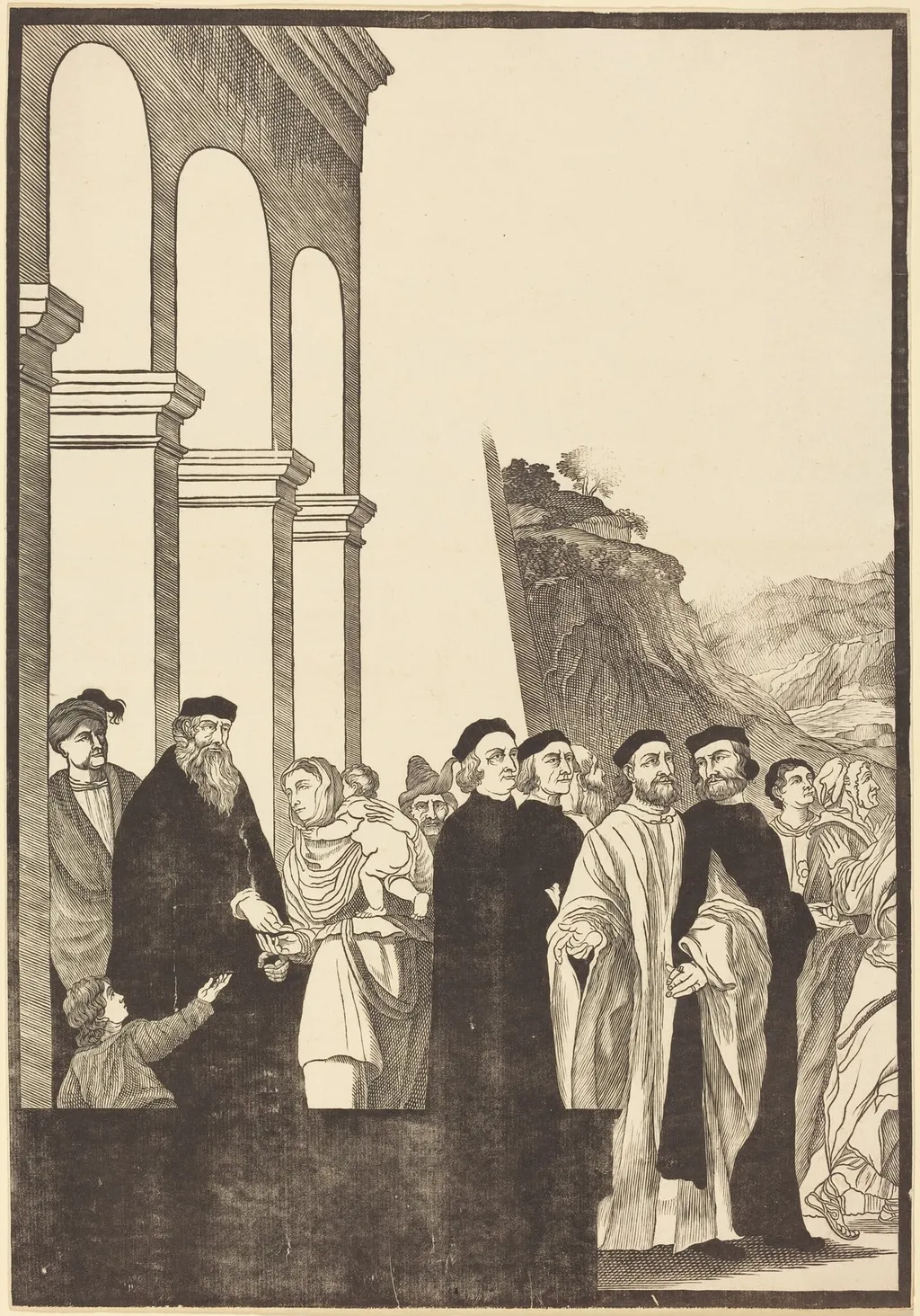 Presentation of the Virgin in the Temple [left plate], by John Baptist Jackson, ink, 1742