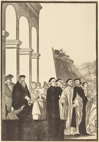 Presentation of the Virgin in the Temple [left plate], by John Baptist Jackson, ink, 1742