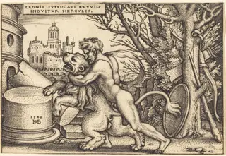 Hercules Killing the Nemean Lion, by Sebald Beham, ink, 1548