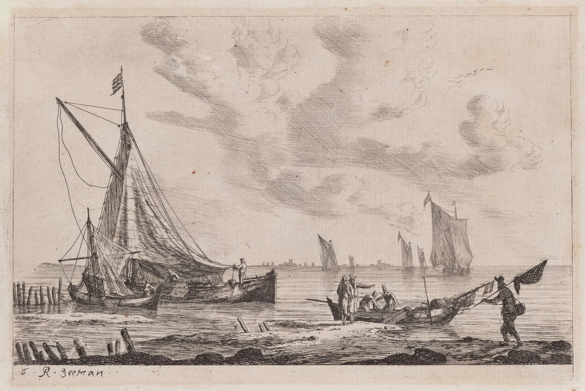 Shore of Inland Waterway with a Ketch, Two Smaller Boats, and Fisherman, detail