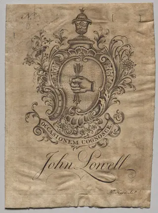 Bookplate:  Coat of Arms with John Lowell inscribed, by Nathaniel Hurd, 1764