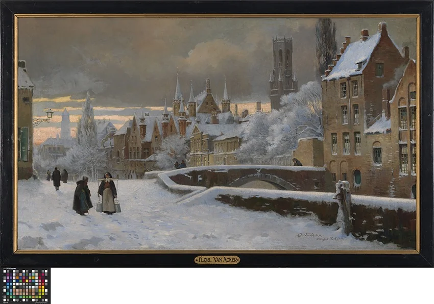 Meebrug in Brugge onder de sneeuw, detail