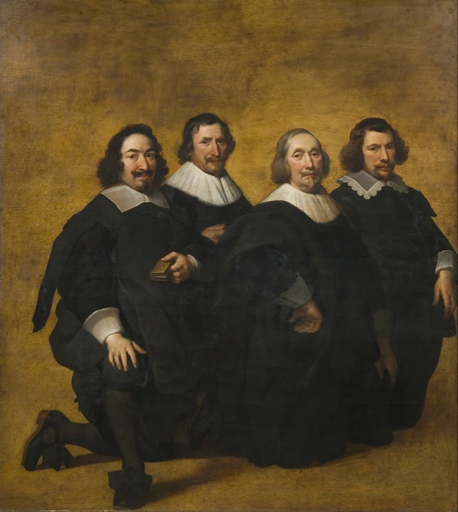 Portrait of four kneeling men, detail