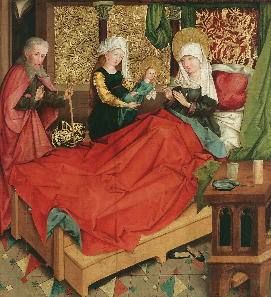 The birth of Mary, by Meister der Divisio Apostolorum, oil, 1496