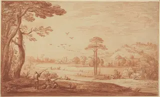 Hunters Resting by a River, by Adriaen Frans Boudewyns, chalk, 1678