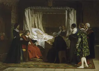 Queen Isabel la Católica dictating her last will and testament, by Eduardo Rosales, oil, 1864