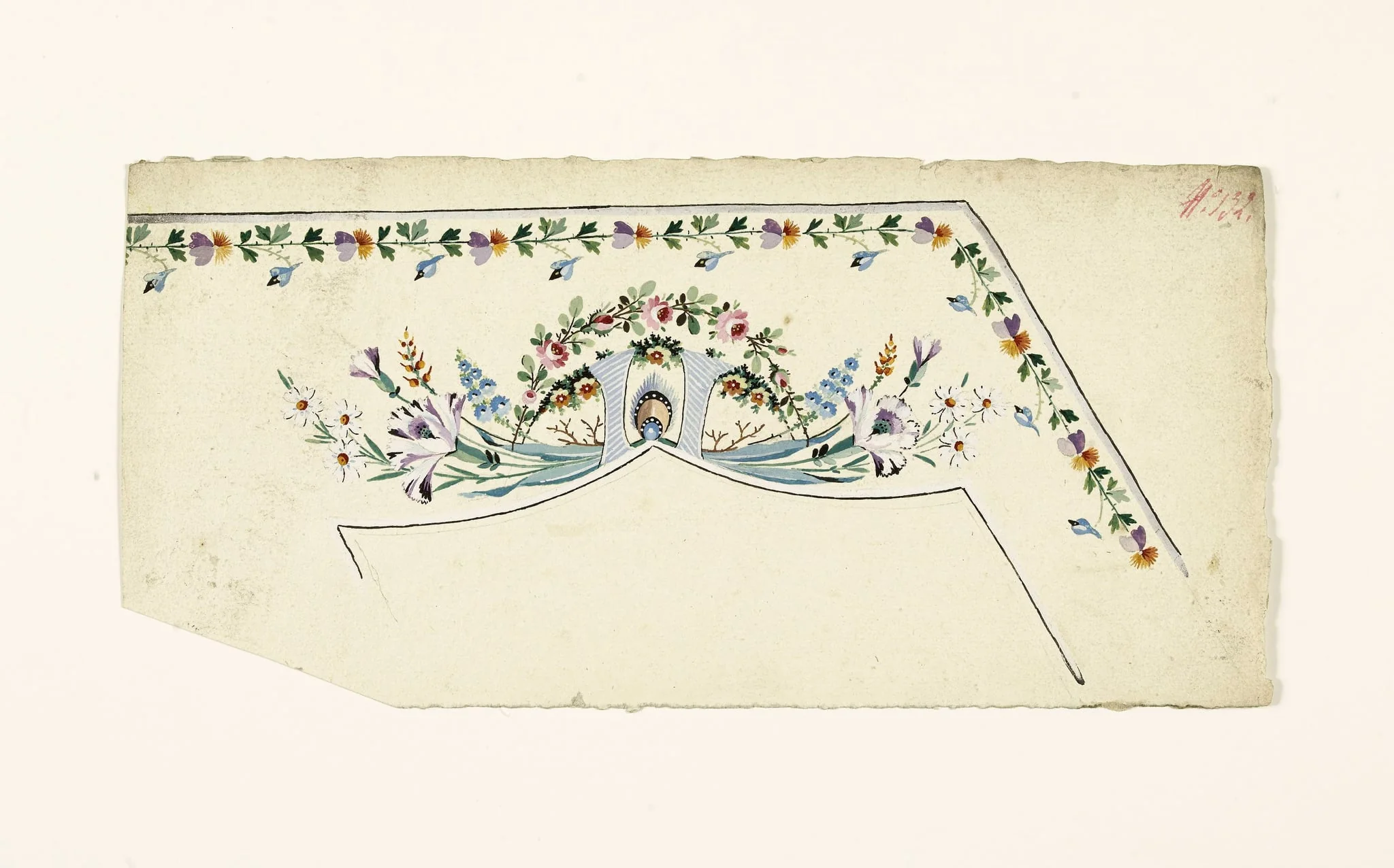 Composition avec brins et guirlandes de fleurs encadrant une plume de paon, projets de broderies de gilet, XVIIIème siècle, detail