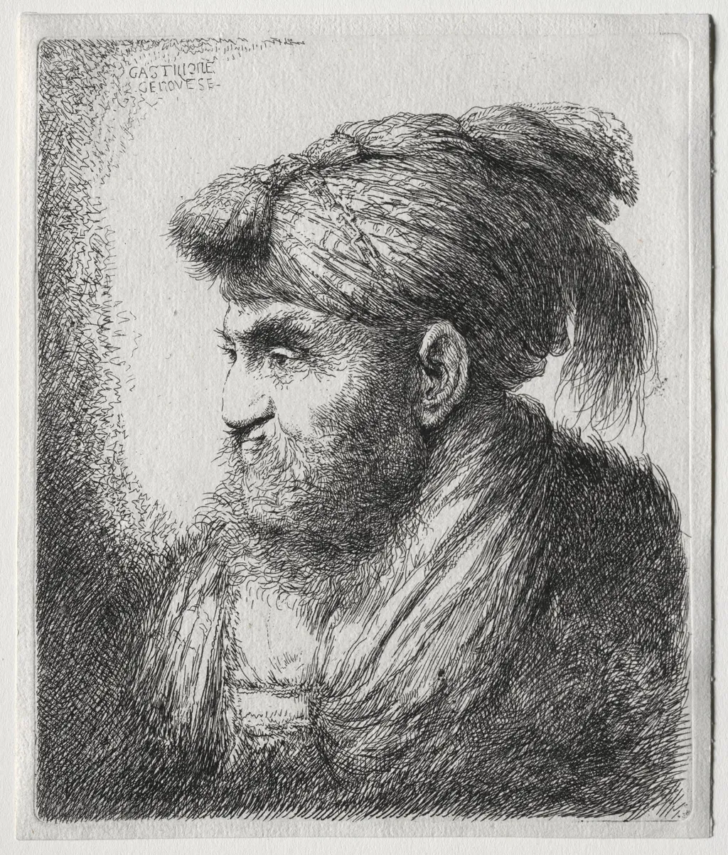 The Large Heads of Men in Oriental Headdress:  A Man Nearly in Profile and Turned to Left, by Giovanni Benedetto Castiglione, 1650